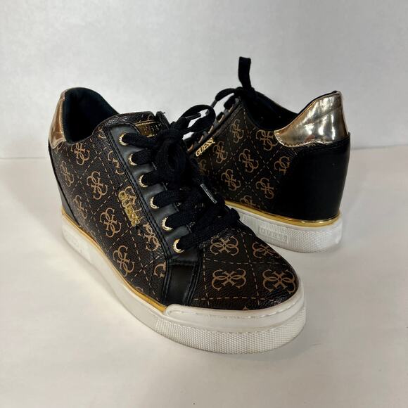 Guess GW Flowurs Wedge Sneakers in Brown and Metallic Gold Multi 8.5M - Picture 13 of 13